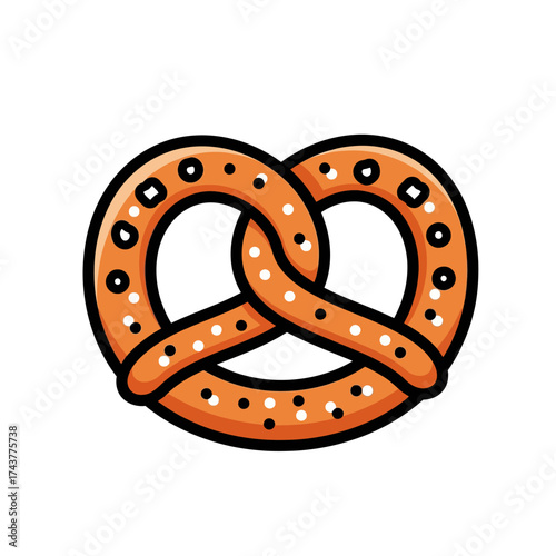 Cartoon pretzel with salt sprinkles and a dark outline.