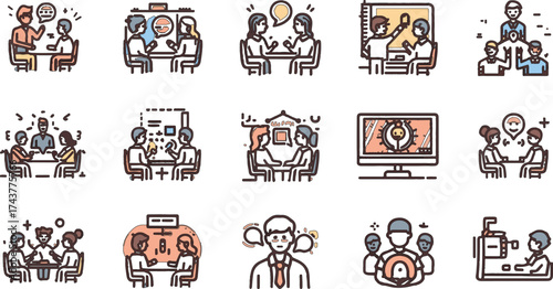 Vector line art of office team working together. EPS-ready for teamwork, business, and corporate themes. Clean, scalable, and suitable for professional design use.
