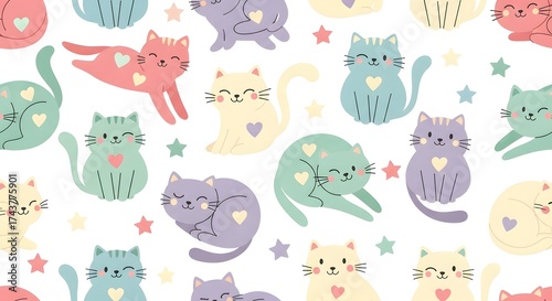Seamless pattern of colorful cartoon cats with heart details
