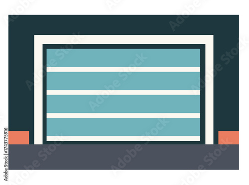 Modern flat vector illustration of a garage door and warehouse building, ideal for business, logistics, shipping, industrial architecture, or delivery and storage design concepts.