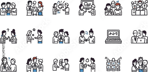 Vector line art of office team working together. EPS-ready for teamwork, business, and corporate themes. Clean, scalable, and suitable for professional design use.
