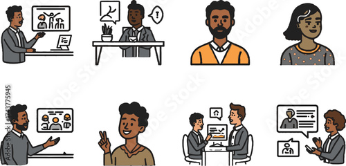 Vector line art of office team working together. EPS-ready for teamwork, business, and corporate themes. Clean, scalable, and suitable for professional design use.
