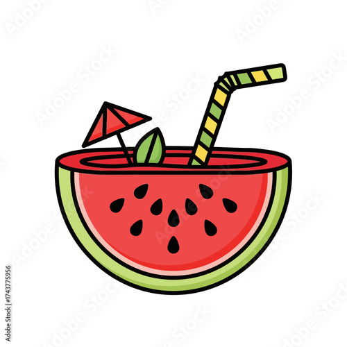 Refreshing watermelon drink with straw and umbrella perfect for summer.