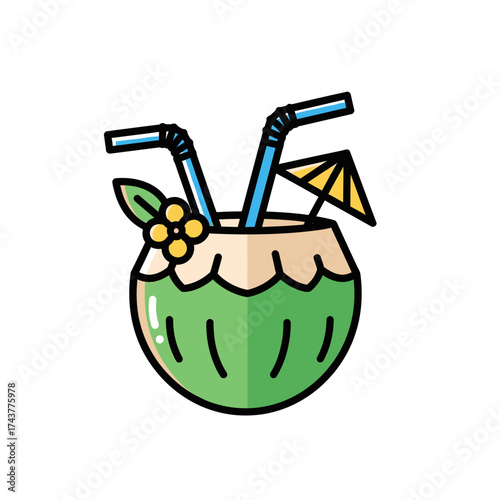 Refreshing Coconut Drink with Straws and Umbrella.