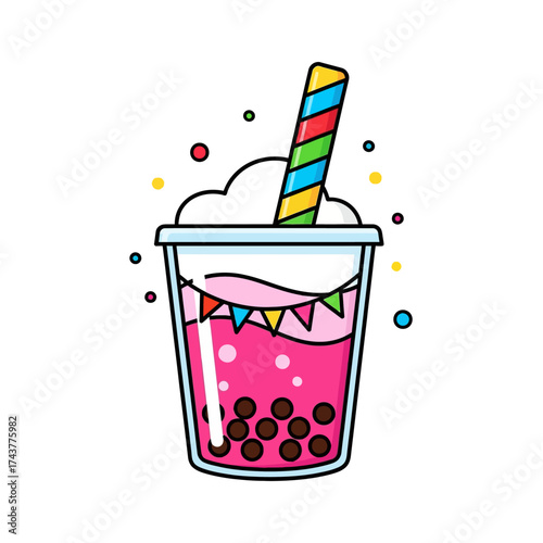 Delicious pink bubble tea with colorful straw and decorations.