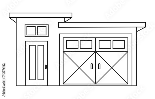 Flat line art illustration of a modern garage door and storage concept. Ideal for home, industrial, commercial, and logistics design projects, presentations, and promotional materials.