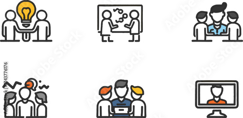 Vector line art of office team working together. EPS-ready for teamwork, business, and corporate themes. Clean, scalable, and suitable for professional design use.
