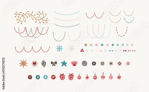 Christmas and winter holiday decorative elements set including garlands, beads, snowflakes, stars, ornaments, and baubles. Hand drawn vector illustration. Design for greeting card, invitation, banner