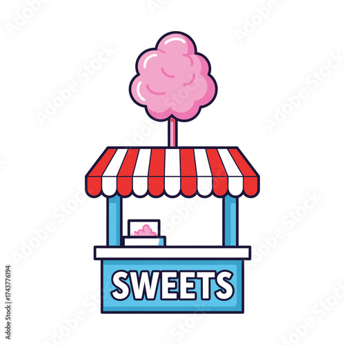 Cute cartoon cotton candy stall with sweets sign.