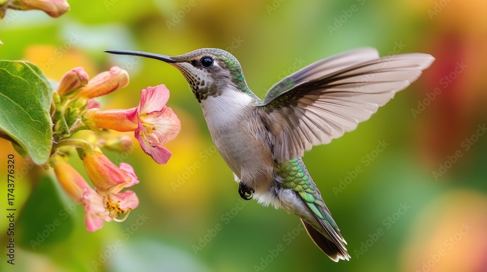 Fototapeta premium A hummingbird hovers near flowers, wings blurred, delicate details visible