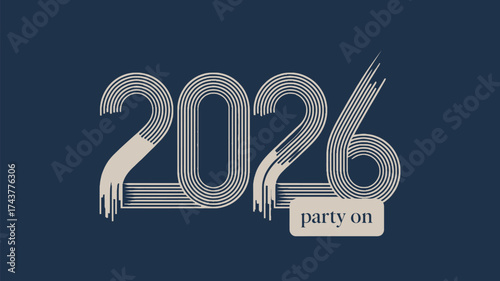 Graphic design of layered lines forming the year two thousand twenty six with party on text box