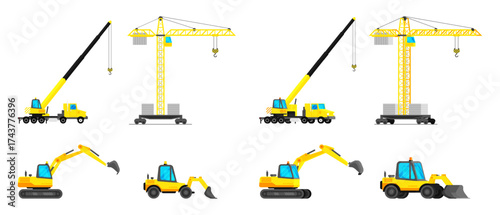 Construction vehicle set including yellow excavator, mobile crane, and tower crane. Building heavy equipment collection for industry site.