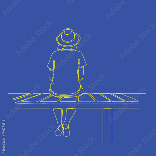 Person Sitting Alone on a Bench Facing Away, Wearing a Hat and Casual Clothing, Relaxing and Enjoying a Quiet Moment Outdoors