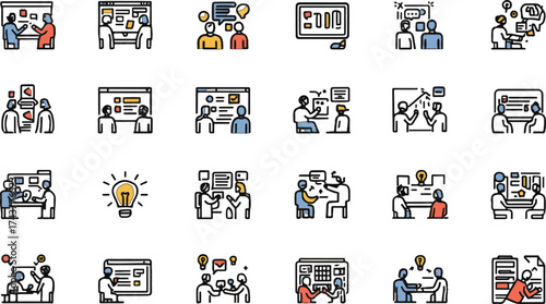 Vector line art of office team working together. EPS-ready for teamwork, business, and corporate themes. Clean, scalable, and suitable for professional design use.
