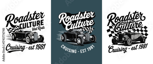 Roadster Culture Hot Rod Classic Car Illustration with Racing Flags and Retro Typography for T Shirt Design