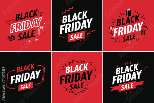 Black Friday Sale Typography Banner Set with Modern Red and Black Graphic Design Elements for Promotion and Advertising