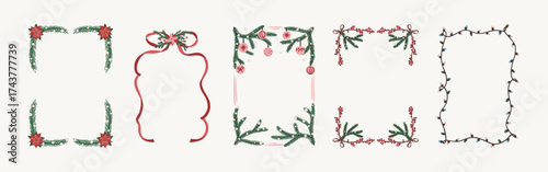 Set of Christmas decorative frames with floral, branch, ribbon, and string light elements. Hand drawn vector borders with bows, poinsettia, fir branches, and ornaments. Invitations, greeting cards