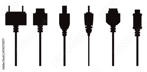 Set of Usb cable Icon. Usb type cable Icon set. Electronic device input cable cords, internet charging wires signs, lightning micro USB types for mobile phone connector plugs vector illustration.