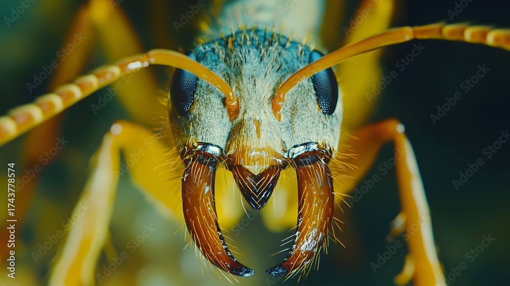 Fototapeta premium Detailed macro shot of an ant's head with its large mandibles