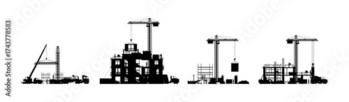 Silhouettes of a construction site with cranes, workers, and heavy machinery, building development process in flat style vector illustration.