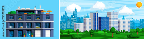 Modern residential building and panoramic city skyline view. Urban landscape with tall buildings and green park. Flat design illustration
