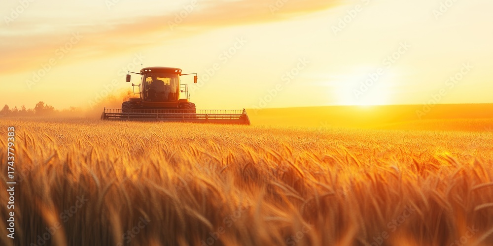 Fototapeta premium Combine harvester working in a wheat field at sunset. Concept of agriculture and harvest.