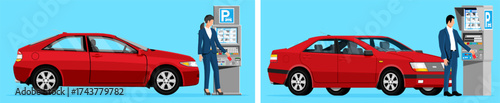 Woman and man paying for parking at a parking meter next to red cars. Automated parking payment for urban transport.