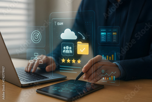 Project management and teamwork planning concept. Team collaborating on workflow, setting tasks and goals, analyzing performance data, and improving productivity effective strategy and analysis