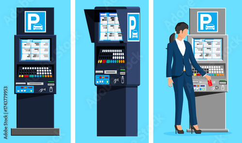 Parking meter post. Machine with screen, keypad, coin slot. Payment terminal for car space. Woman driver paying on parking stall machine.