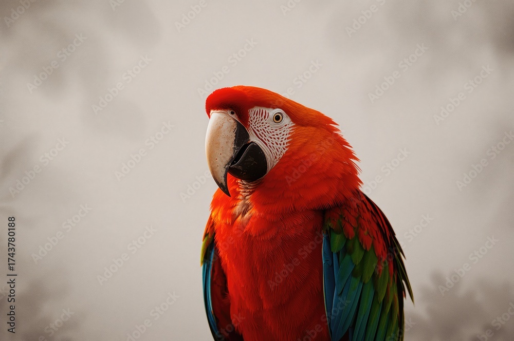 Obraz premium Isolated red parrot against a white backdrop with vibrant green and blue hues, showcasing a cute animal in nature