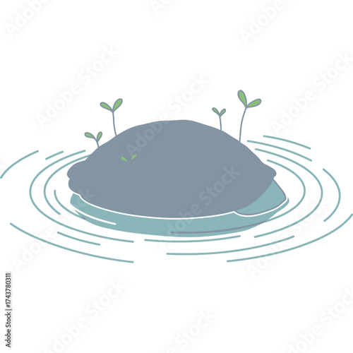 Rock in water with sprouts illustration ripple nature growth plant stone pond zen peaceful calm meditation serene fresh spring new life