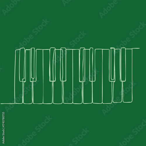 Minimalist line art of a piano keyboard with white keys on a dark green , emphasizing simplicity and elegance in design