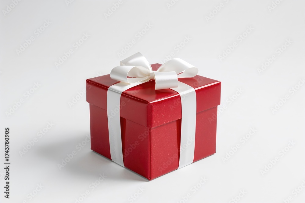 Fototapeta premium White ribbon bow on red present box against plain white backdrop. Side angle. Female gift idea.