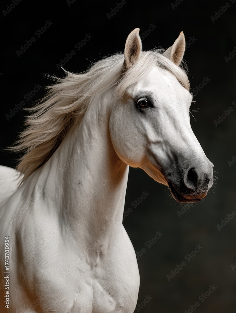 Obraz premium White horse portrait with flowing mane in studio