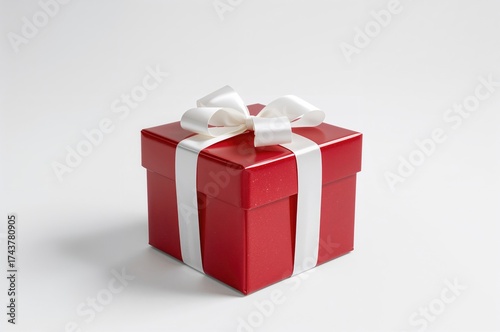 White ribbon bow on red present box against plain white backdrop. Side angle. Female gift idea.