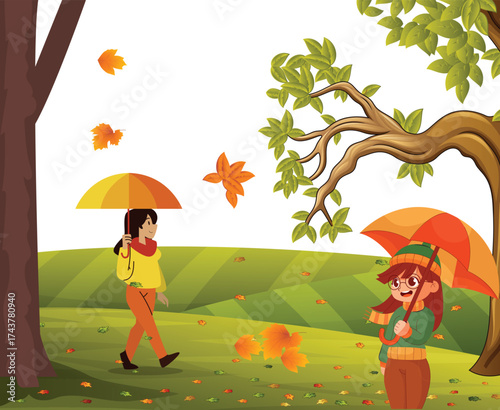 Girl with Umbrella in Autumn Rain