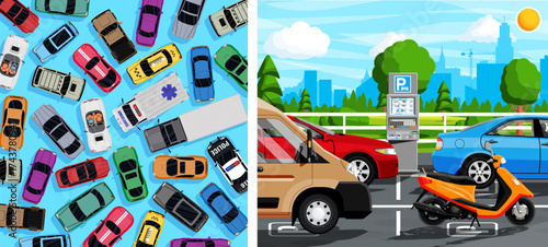 Many different car types top view and city park lot street. Transport traffic jam. Public parking payment machine.