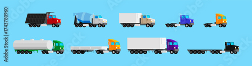 Set of various cargo truck silhouettes with different trailers. Modern heavy transport vehicle collection for logistics and delivery. Flat style stock vector set collection illustration.