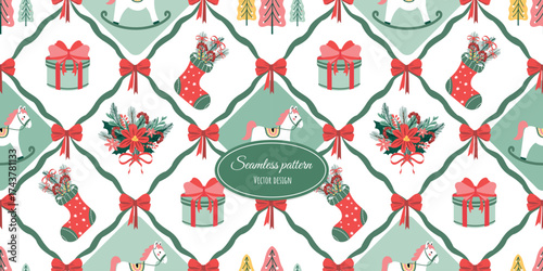 Vintage holiday seamless pattern, trendy background, Christmas pattern. Vector, vintage fabric design, wallpaper, wrapping paper, and more.
