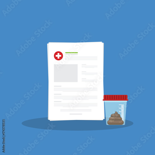 Stool analysis. Stool test icon. Medical sample in a glass tube and clipboard. Laboratory container with excrement. Vector illustration flat cartoon design.	