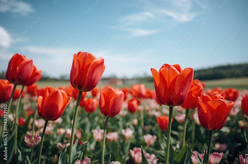 Obraz premium Vibrant red tulip blossoms spread across open fields, capturing the essence of spring and summer beauty