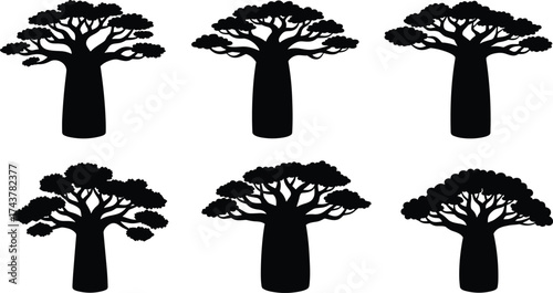 Baobab tree silhouette set, African iconic tree illustration, abstract branching design, thick trunk artwork, exotic nature symbol, decorative landscape element