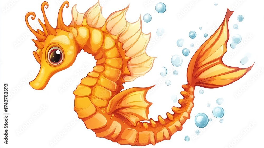 Fototapeta premium Orange seahorse swims surrounded by bubbly water