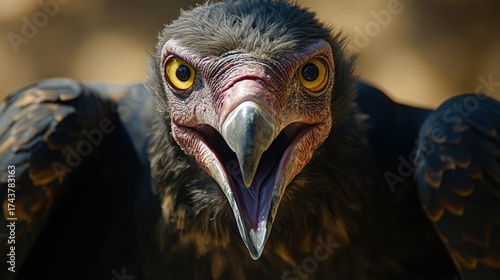 Fierce bird of prey with sharp eyes and open beak