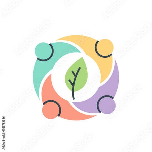 Abstract colorful figures forming a collaborative circle around a green leaf, symbolizing community and environmental care.