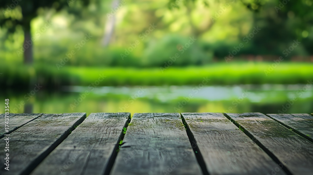 Fototapeta premium Wooden pier overlooks a tranquil natural scene with a lake and lush greenery.