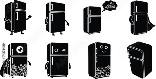 Refrigerator character illustration set, anthropomorphic fridge artwork, cartoon appliance design, funny kitchen element, decorative household drawing, creative food storage symbol