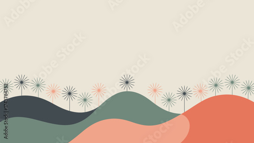 Abstract landscape with stylized flowers on rolling hills in muted colors and a beige background