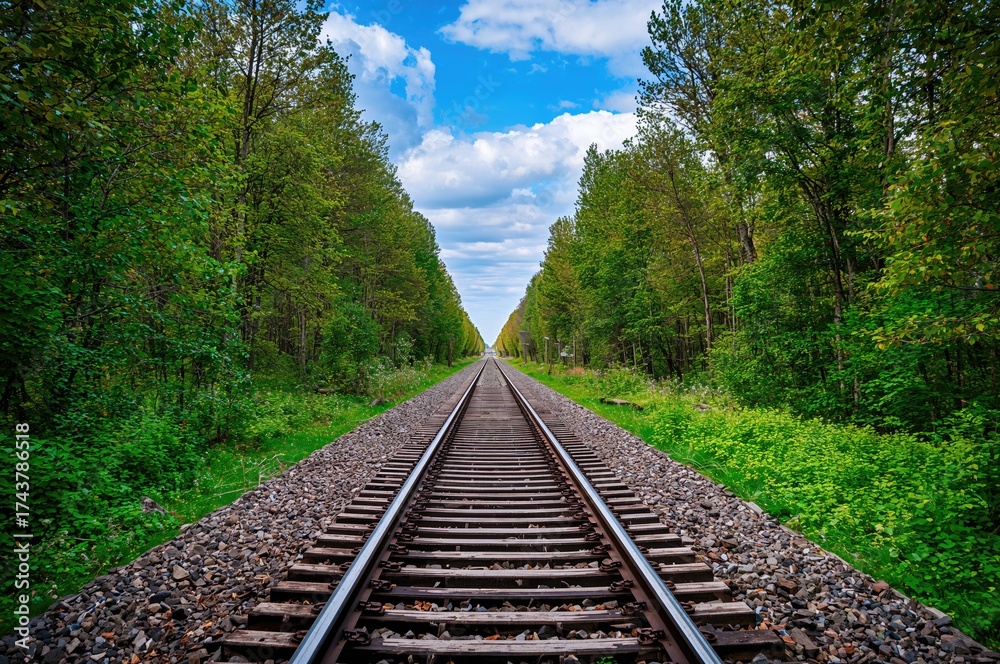 Fototapeta premium Train rails stretch side by side through a wooded pathway.