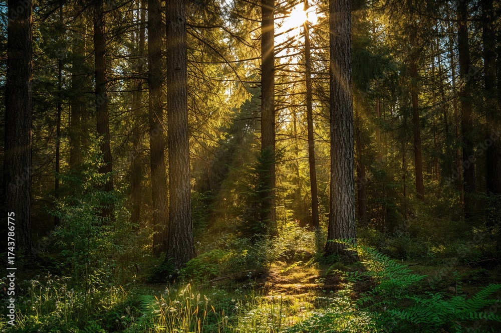 Obraz premium Sunbeams shining through evergreen trees